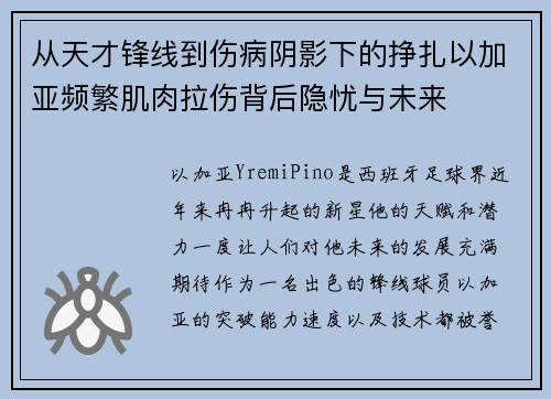 从天才锋线到伤病阴影下的挣扎以加亚频繁肌肉拉伤背后隐忧与未来 从天才锋线到伤病阴影下的挣扎以加亚频繁肌肉拉伤背后隐忧与未来